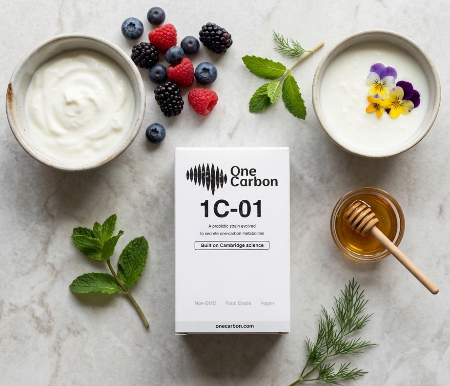 1C-01 packaging styled with yoghurt bowls, berries, and honey