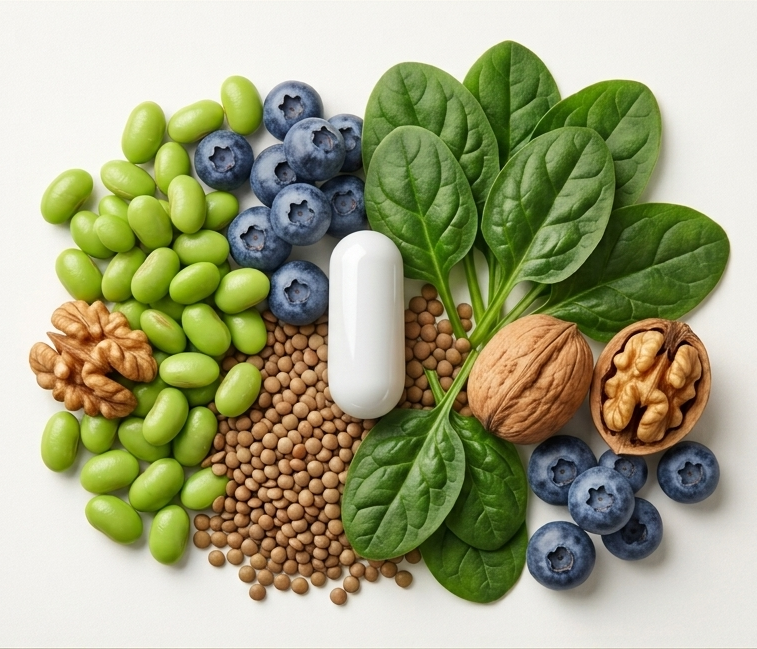 A 1C-01 capsule surrounded by natural one-carbon-pathway food sources: edamame, blueberries, spinach, lentils and walnuts.